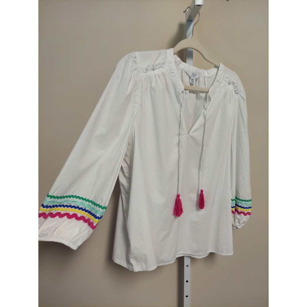 Crown & Ivy White Peasant Blouse XXL Tassel Boho Top Preppy Coastal Summer